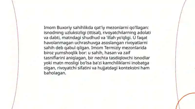 Imom Buxoriy va Imom Termiziyning hadis ilmiga qo'shgan hissalarining qiyosiy tahlili 4