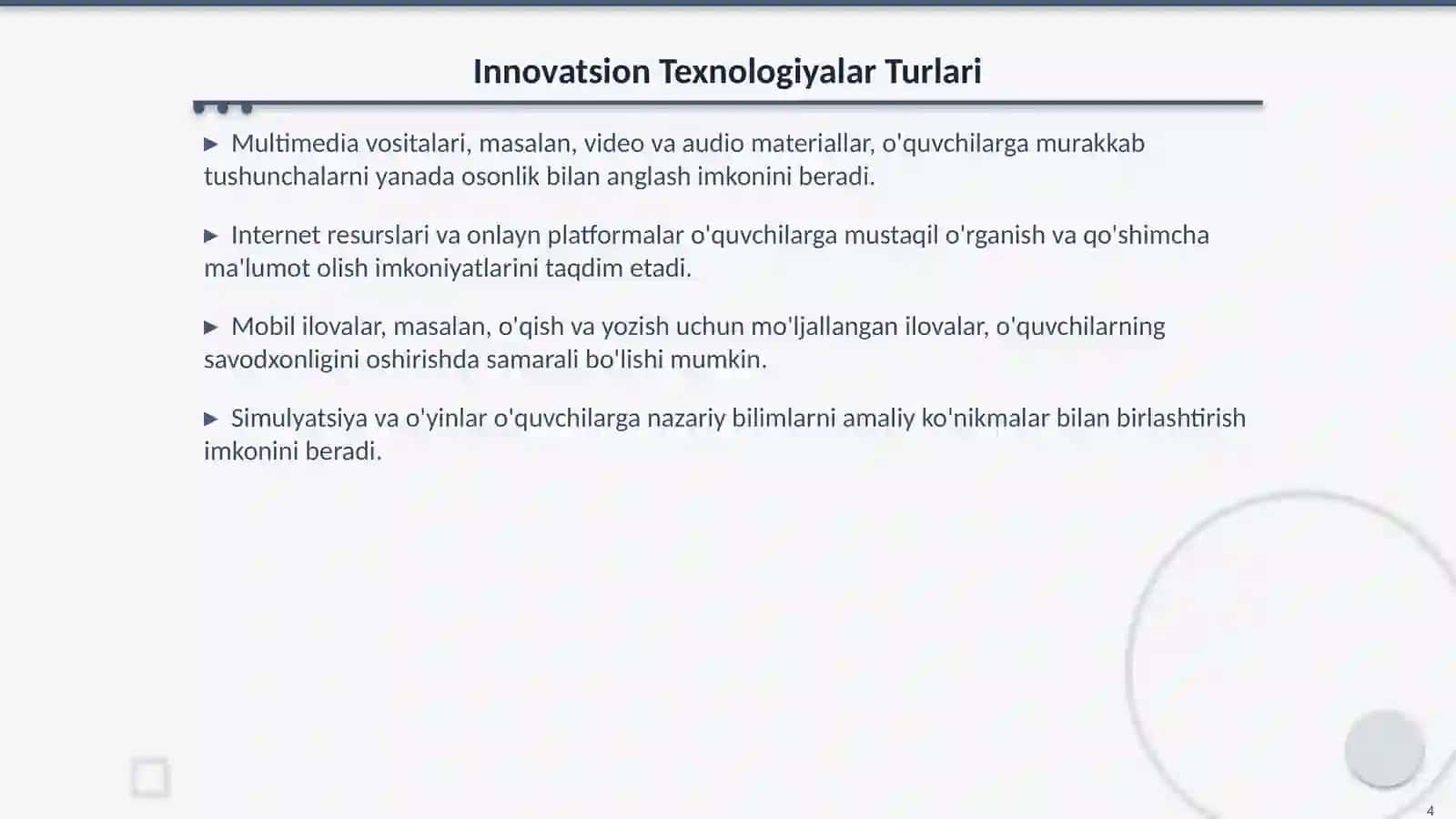 Boshlang’ich Sinf Ona Tili va Oʻqish Savodxonligi Darslarida Innovatsion Texnologiyalar 4
