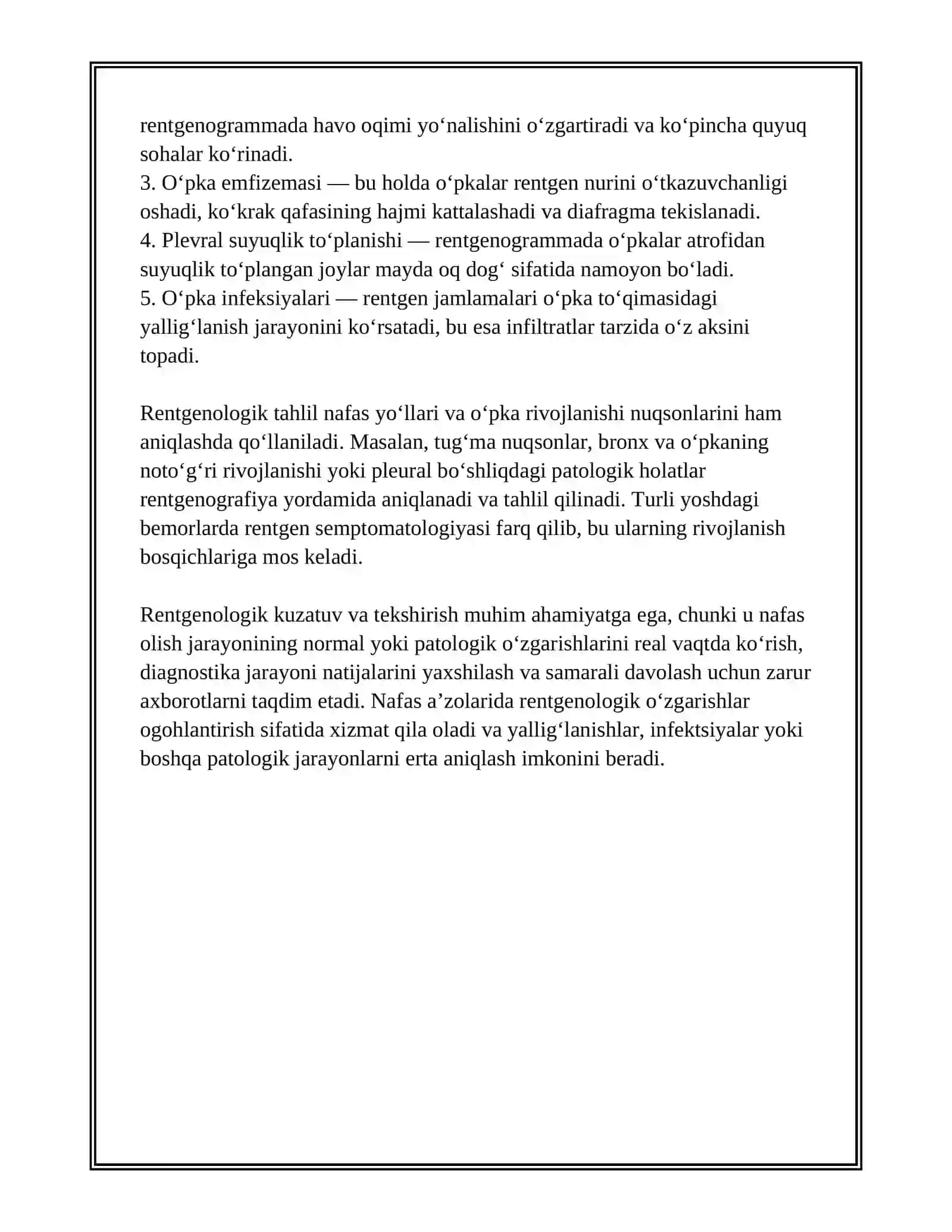 NAFAS OLISH JARAYONI. NAFAS A'ZOLARINING RENTGEN ANATOMIYASI VA RIVOJLANISH NUQSONLARI 4
