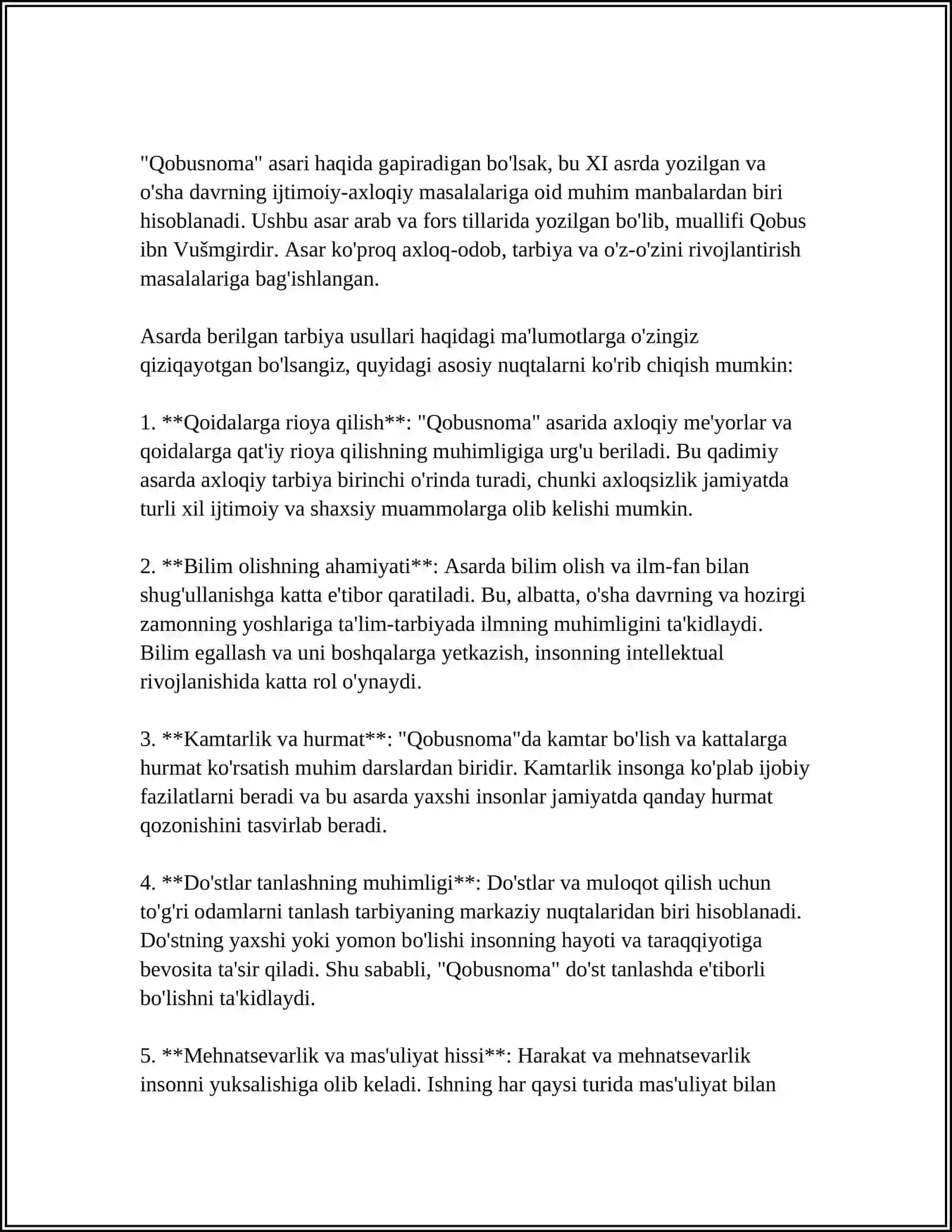 "QOBUSNOMA", " TEMUR TUZUKLARI ", "BOBURNOMA "," XUMOYUNNOMA " ASARLARINING PEDAGOGIK MAZMUNI 4