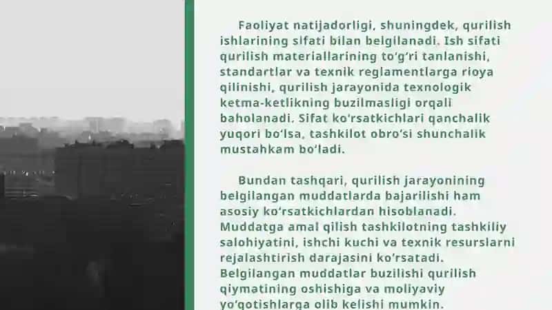 Qurilish tashkiloti faoliyatining asosiy ko'rsatkichlarini baholash 4