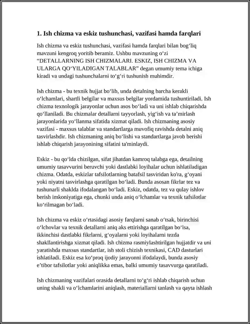 DETALLARNING ISH CHIZMALARI. ESKIZ, ISH CHIZMA VA ULARGA QOʻYILADIGAN TALABLAR 4