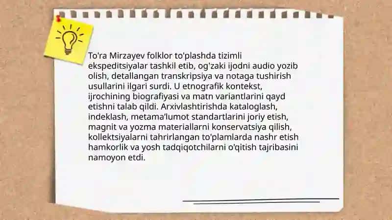 TO'RA MIRZAYEVNING O'ZBEK FOLKLORSHUNOSLIGI RIVOJIGA QOʻSHGAN HISSASI 4