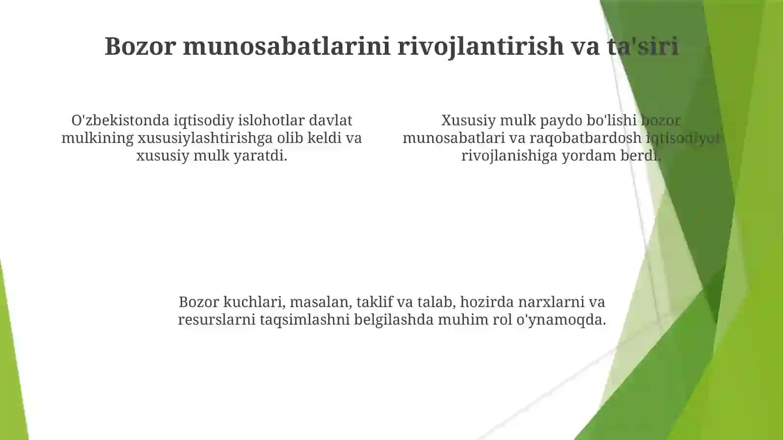 Iqtisodiy islohotlar xususiy mulkchilikning shakllanishi. O'zbdabozor munosabatlarining rivojlanishi 4