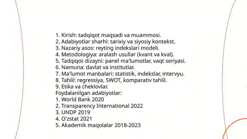 O'zbekistonning xalqaro reytinglardagi ko'rsatkichlarini ko'tarishning tarixiy va siyosiy ahamiyati mavzusiga reja asosida foydalanilgan adabiyotlar ro'yxati 4