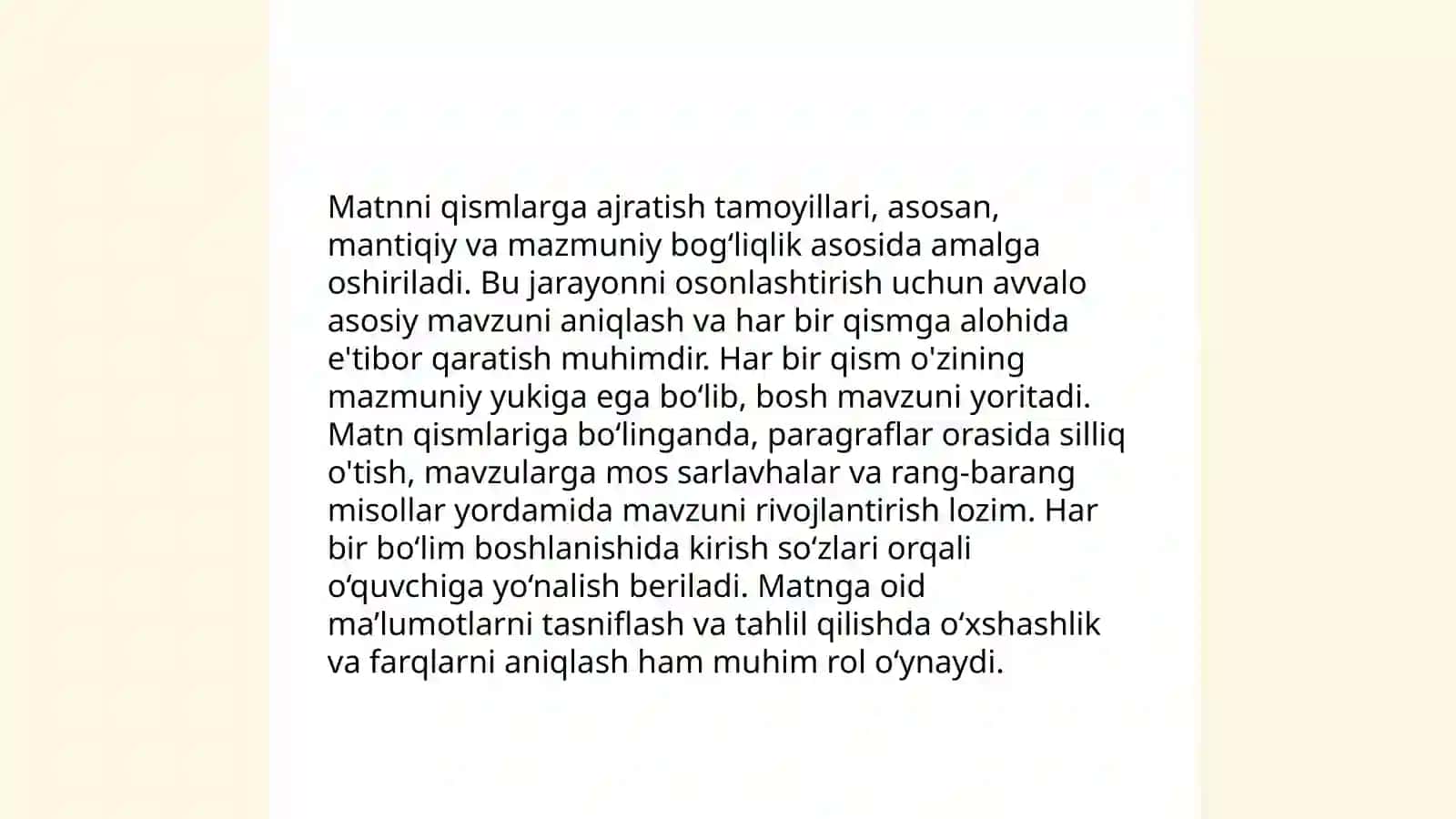 Matnni maʼnoviy qismlarga boʻlish tamoyillari.Reja.Reja turlari 4