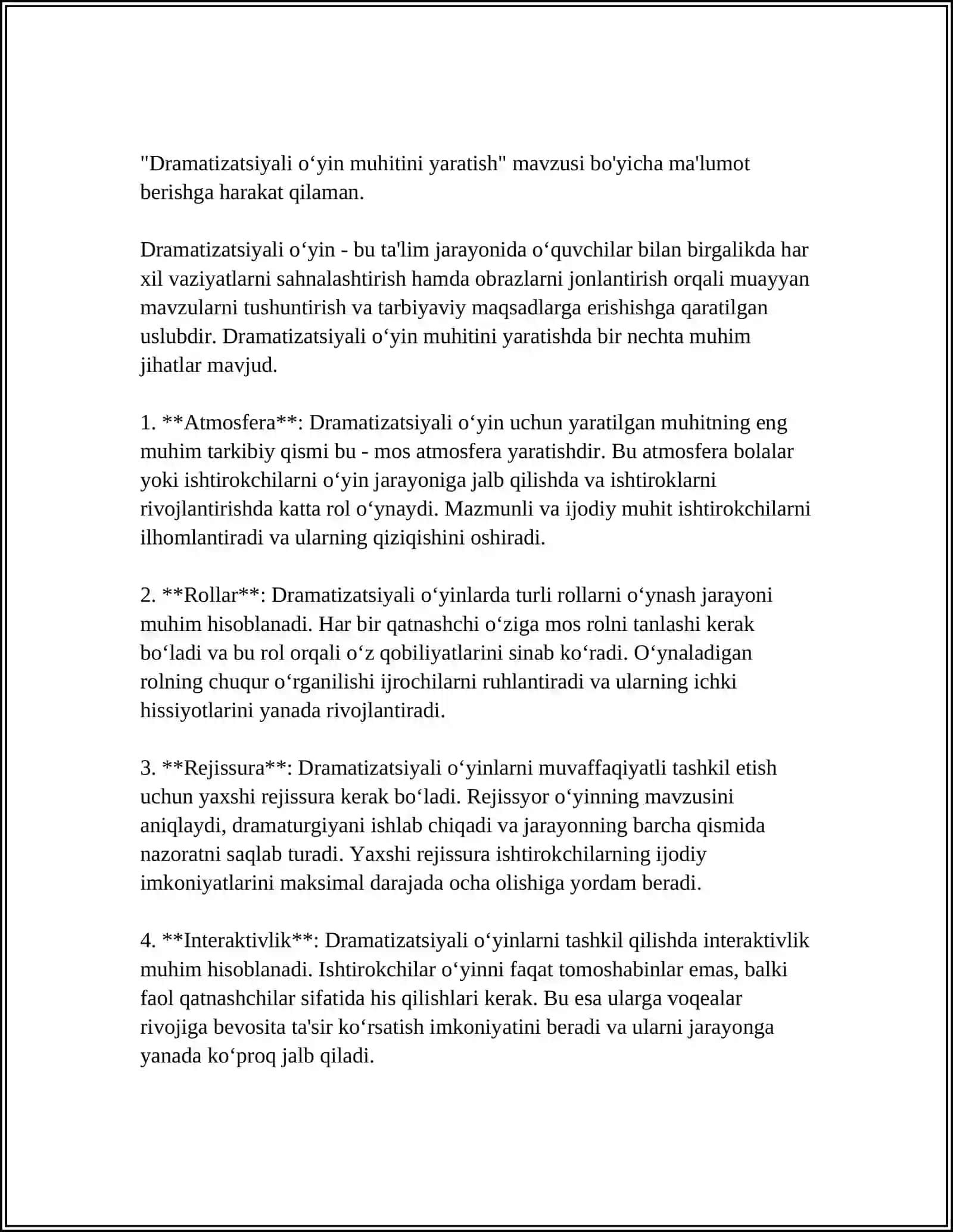 MAKTABGACHA YOSHDAGI BOLALARNING RIVOJLANISHI UCHUN MAVZUNI RIVOJLANTIRUVCHI ROLLI O’YINLAR VA DRAMATIZATSIYA MUHITNI YARATISH 4