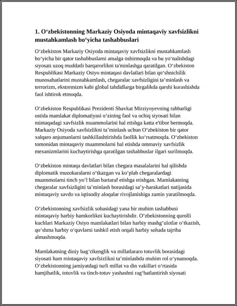 O‘ZBEKISTONNING MINTAQADA XAVFSIZLIK, MILLATLARARO TOTUVLIK VA DINIY BAG‘RIKENGLIKNI TA’MINLASH BORASIDA OLIB BORGAN SIYOSATI 4
