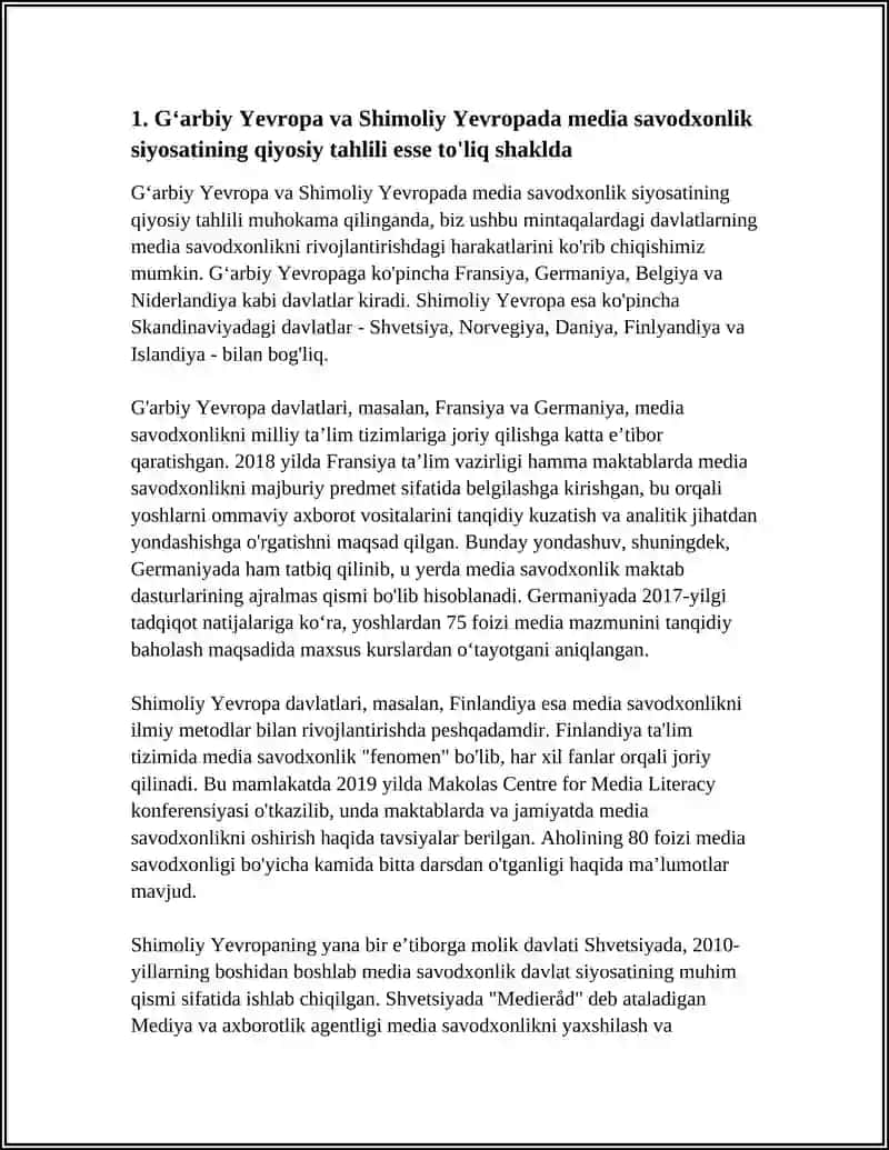 XORIJIY MAMLAKATLARDA MEDIA SAVODXONLIK VA AXBOROT MADANIYATINING QIYOSIY TAHLILI ESSE TOʻLIQ SHAKLDA 4