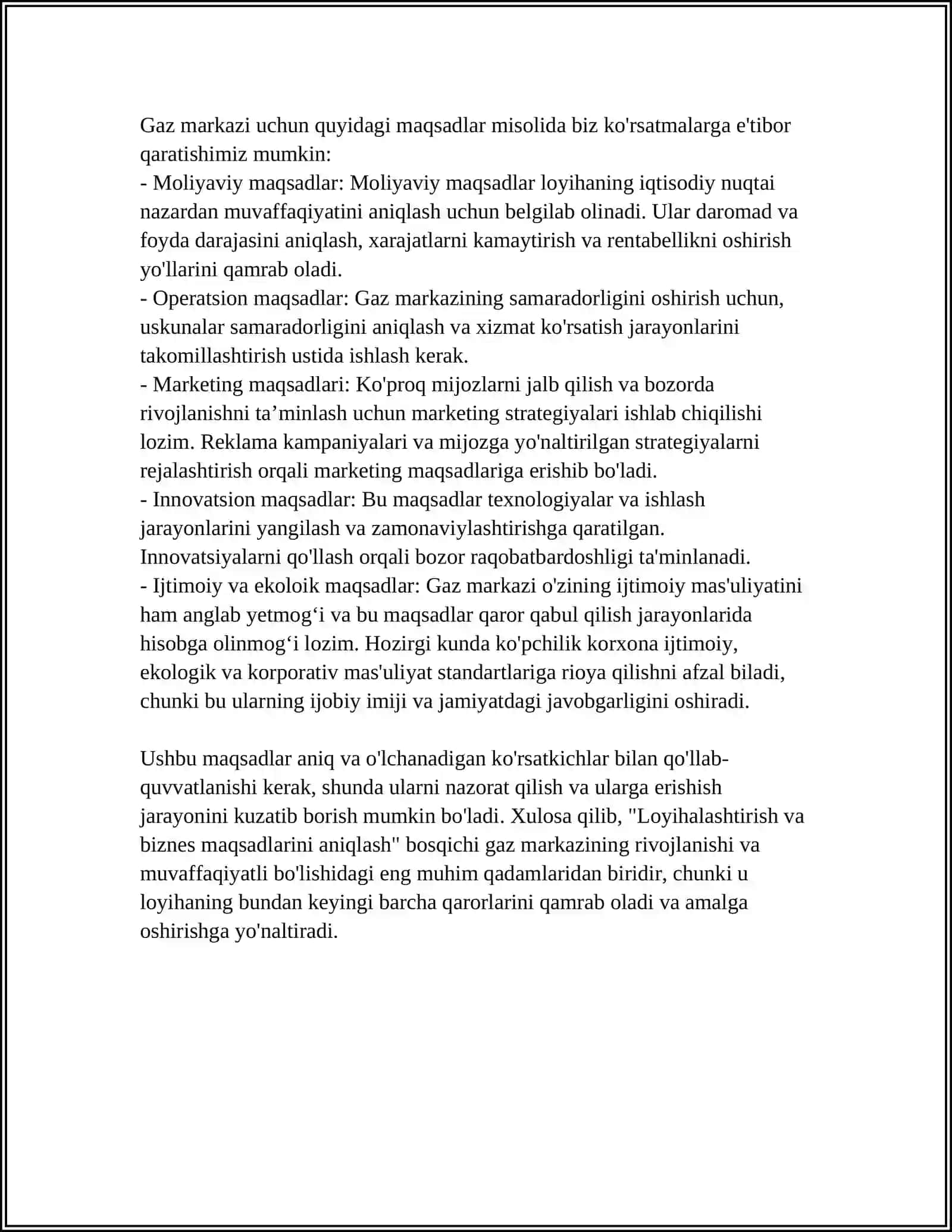 REFERAT BIZNES REJA YARATISH. ENG SIFATLI GAZ MARKAZI QANDAY ANIQLANADI? 4