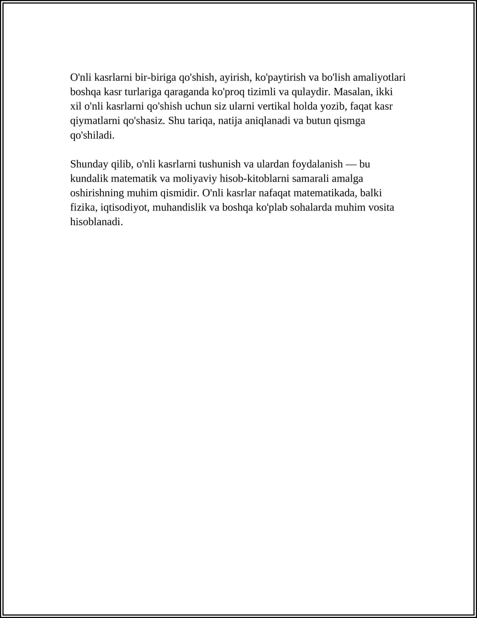 O'NLI KASRLAR VA ULAR USTIDA ARIFMETIK AMALLARNI BAJARISH ALGORITMI 4