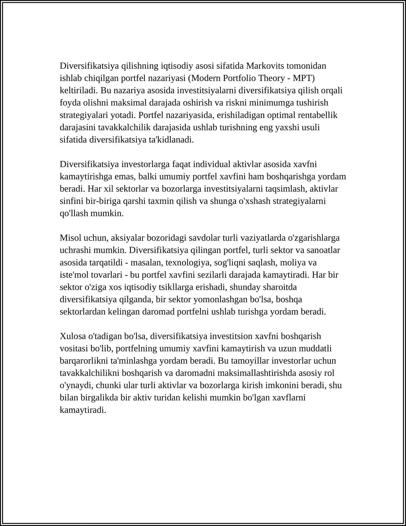 INVESTITSION TAVAKKALCHILIKNI BOSHQARISHDA DIVERSIFIKATSIYA MOHIYATI 4