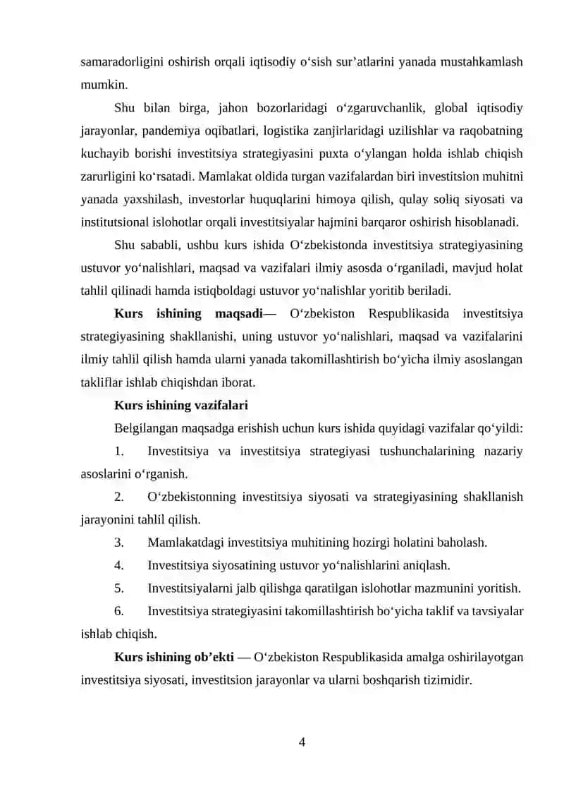 O‘zbekistonda investitsiya strategiyasining ustuvor yo‘nalishlari, maqsad va vazifalari 4