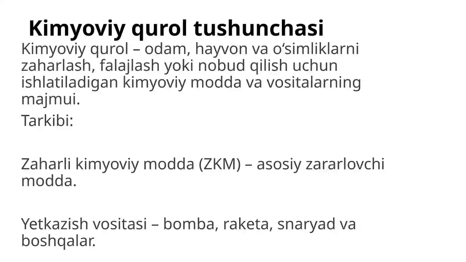 Kimyoviy qurol. Zaharli moddalarning tasnifi. Kimyoviy vaziyatni baholash 4