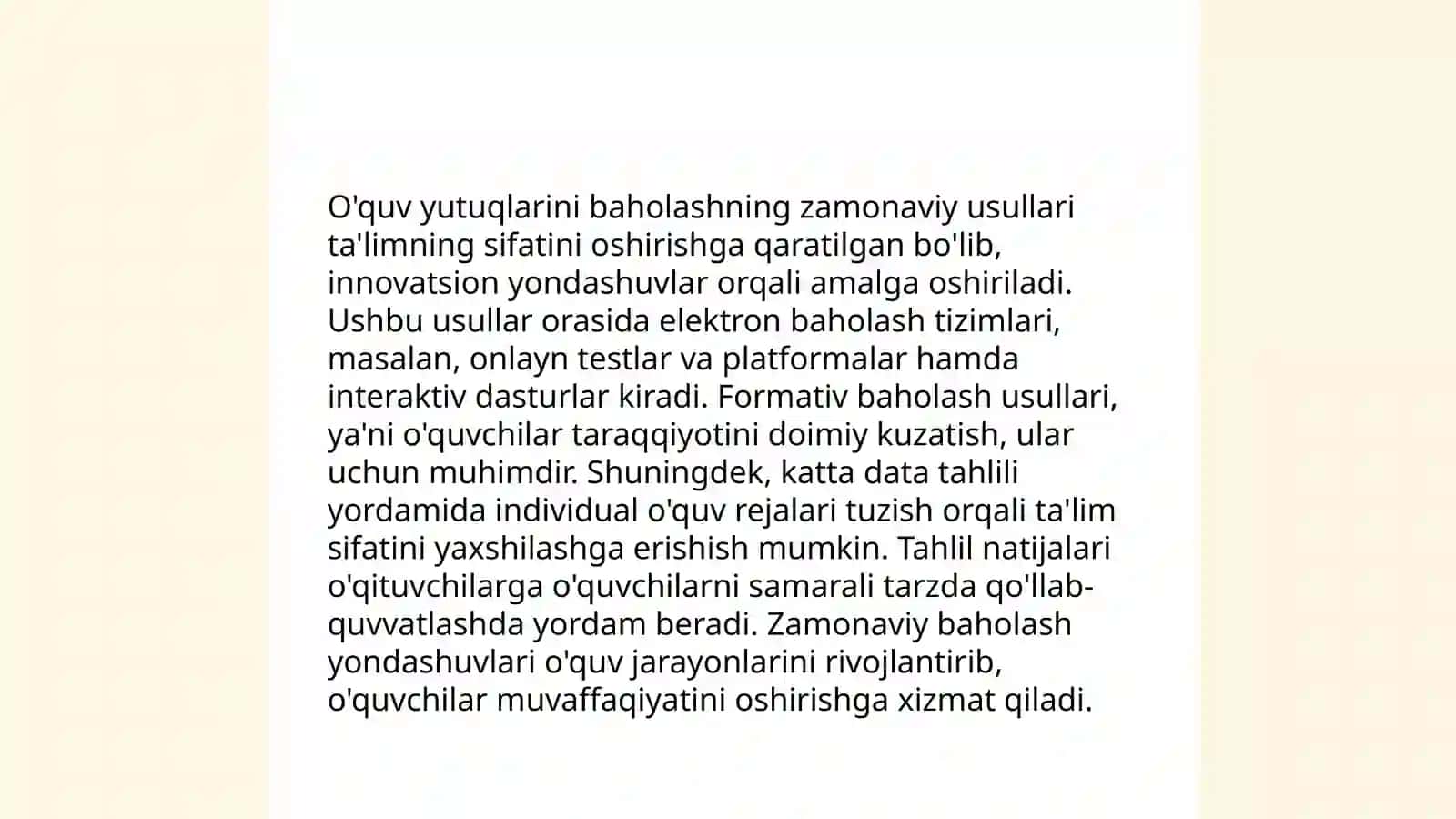 STOʻning oʻqish boʻyicha oʻquvchilar bilimini, faoliyatini nazorat qilish yoʻllarini ishlab chiqish 4