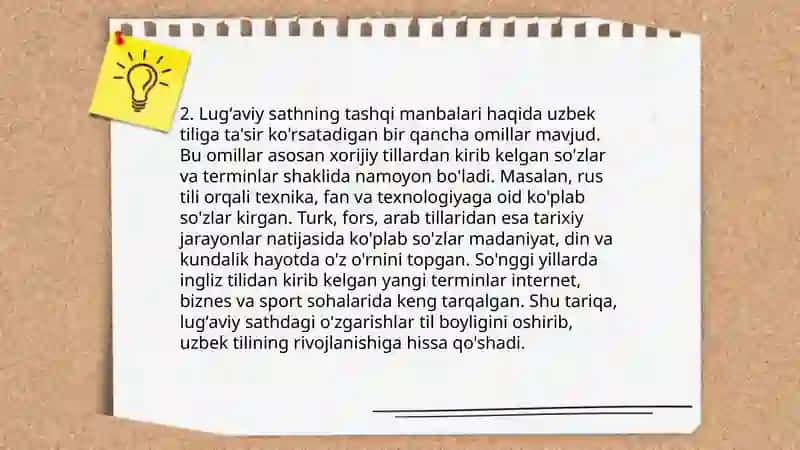 Lugʻaviy sath taraqqiyotining ichki va tashqi manbalari. Lugʻaviy sath birliklari. 4