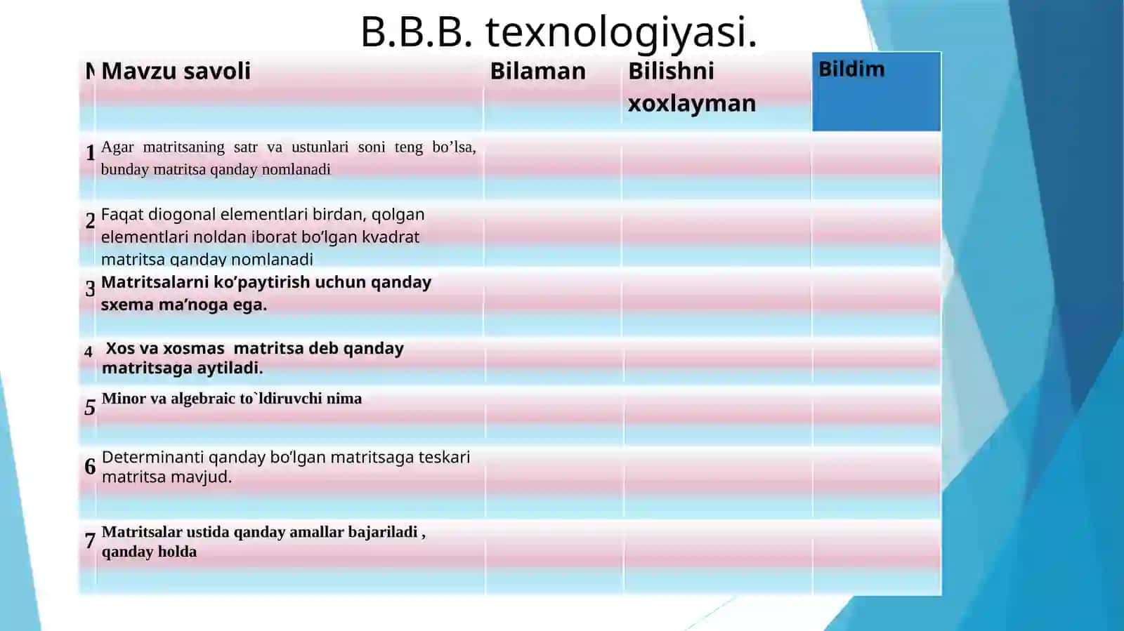 Matritsalar ustida amallar. Teskari matritsani topish. Matritsa rangini aniqlash 4