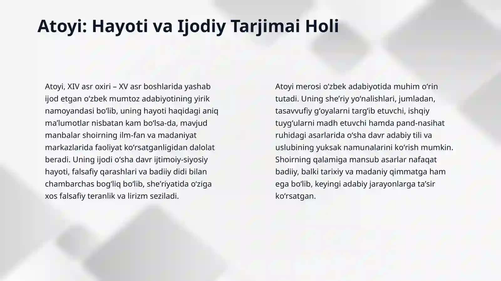 XIV–XV asrlar adabiyoti. Atoyi va Hofiz Xorazmiy she’riyati 4