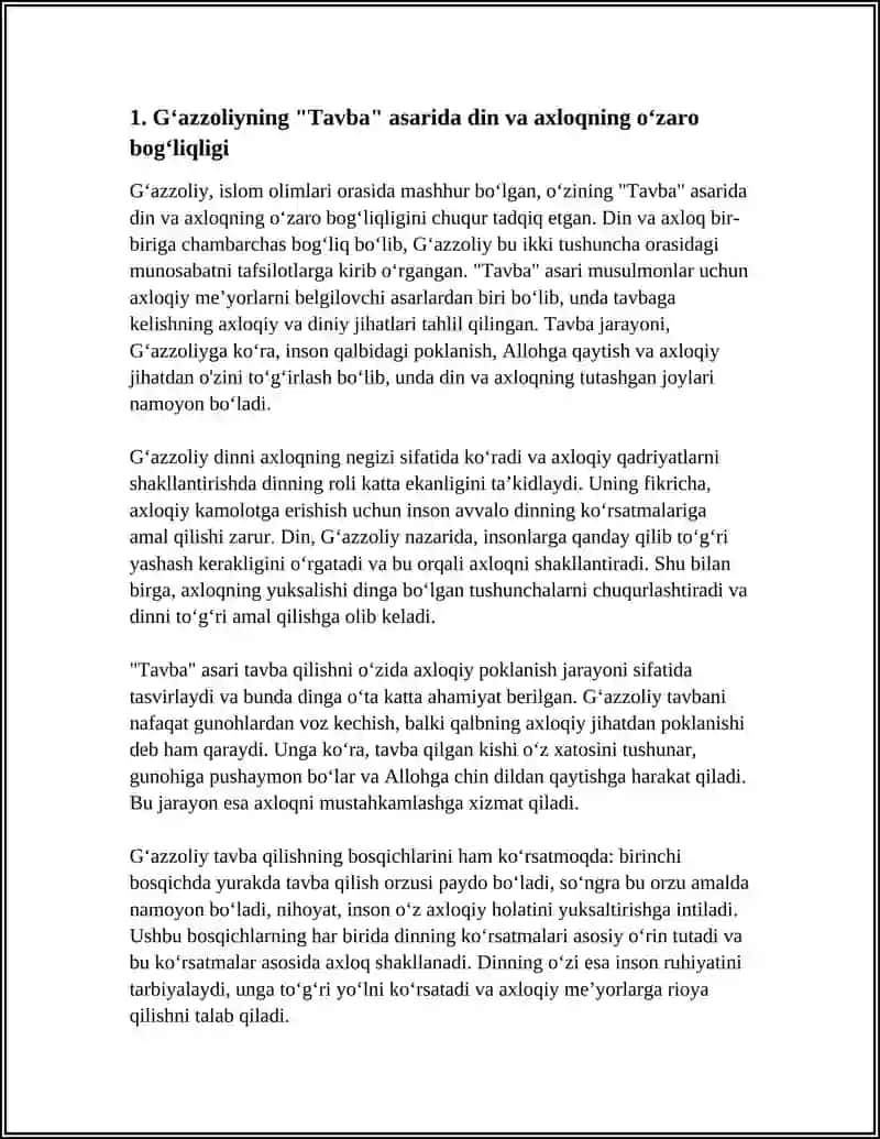 Gʻazzoliyning Tavba asarida “Din va Axloq” mavzusida esse tayyorlash 4