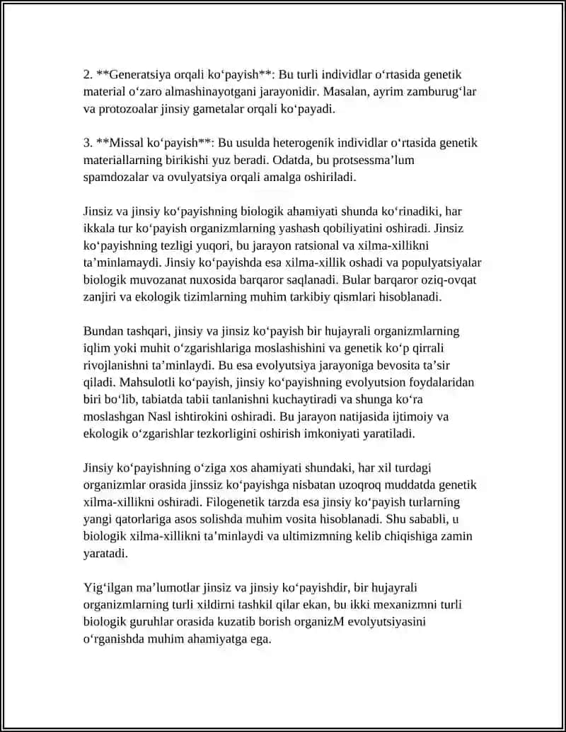 JINSIZ VA JINSIY KOPAYISHNING BIOLOGIK AHAMYATI BIR HUJAYRALI ORGANIZMLRDAGI JINSIZ VA JINSIY KOPAYISHNING XILLARI 4