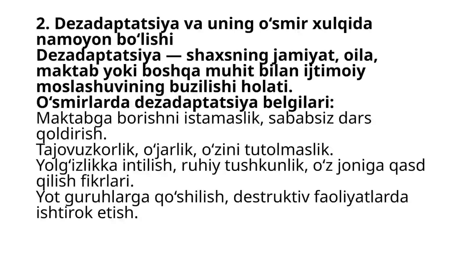 Og'ishgan xulq klassifikatsiyasi. Dezadaptatsiya va uning o'smir xulqidan namoyon bo'lishi. O'smirning dezadaptatsiya natijasida vandalizm, ekstrimizm, hakking va ksenofobiya 4