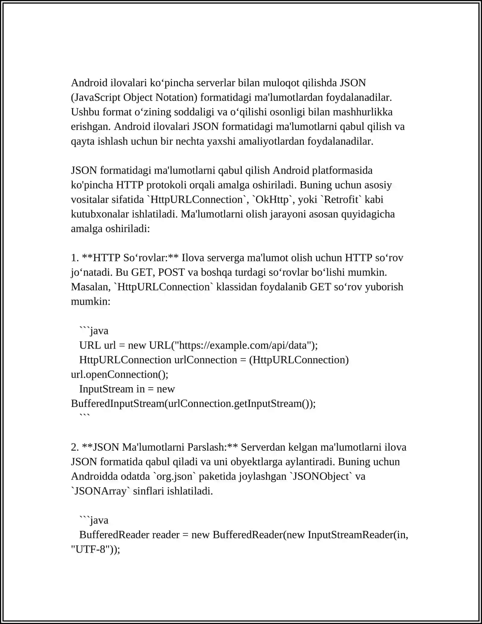 ANDROID ILOVADA BERILGANLARNI JSON KO‘RINISHIDA QABUL QILISH VA TAHLIL QILISH. N TA NUQTA (N> 4) BERILGAN SHU NUQTALARDAN OTUVCHI TOG`RI CHIZIQ TENGLAMASINI TUZUVCHI VA CHIZUVCHI ILOVA YARATING 4