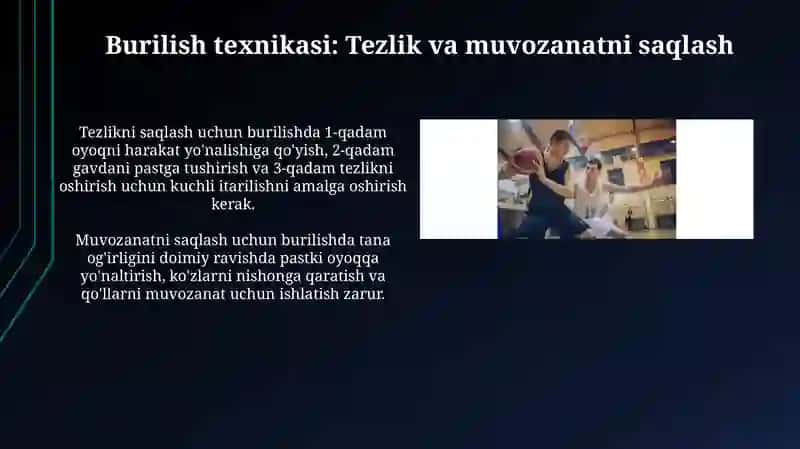 To'xtash, burilish, aylanish harakatlari texnikasini oʻrgatish 4