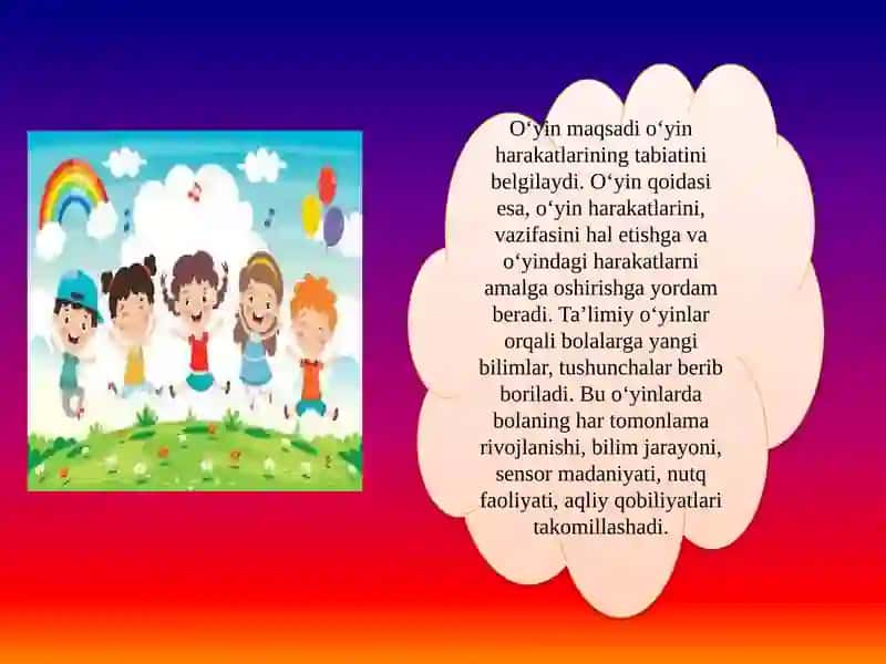 Mavzu:Maktabgacha ta’lim tashkilotlarida oʻyin turlari 4