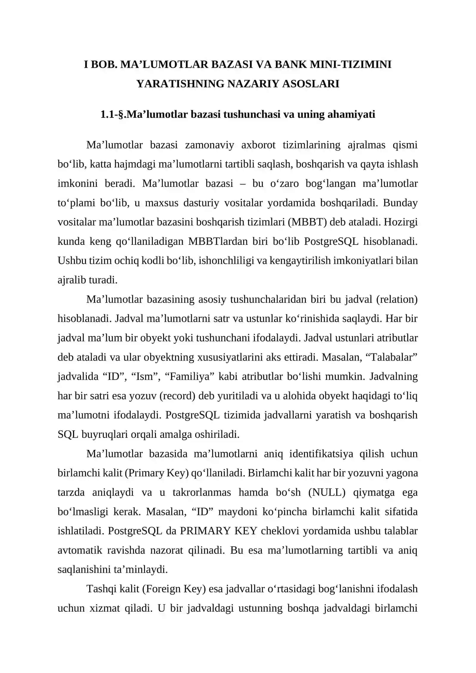 BANK MINI-TIZIMI MA’LUMOTLAR BAZASINI YARATISH individual loyiha 4