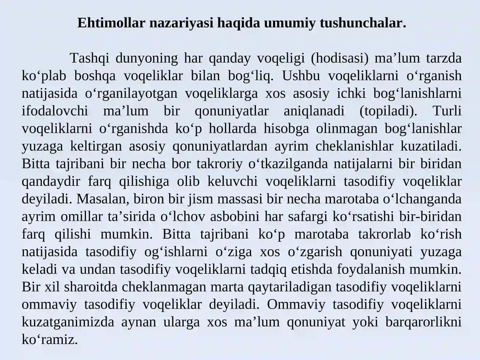 Ehtimollar nazariyasi va amaliy tadqiqotlar natijalariga matematik-statistik usul bilan ishlov berish. 4