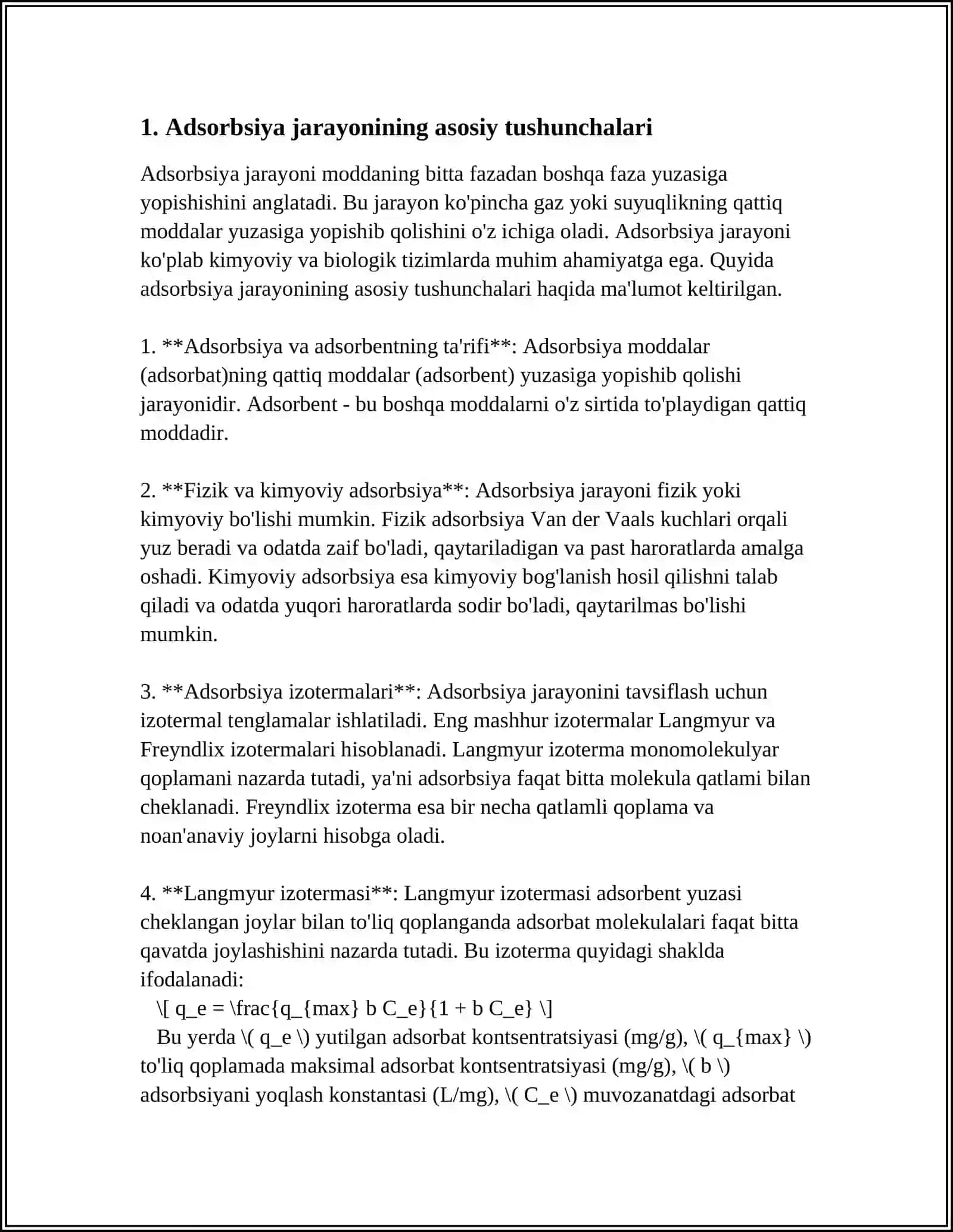 ADSORBSIYA PROCESSLARIN MATEMATIKALIQ MODELLESTIRIW 4