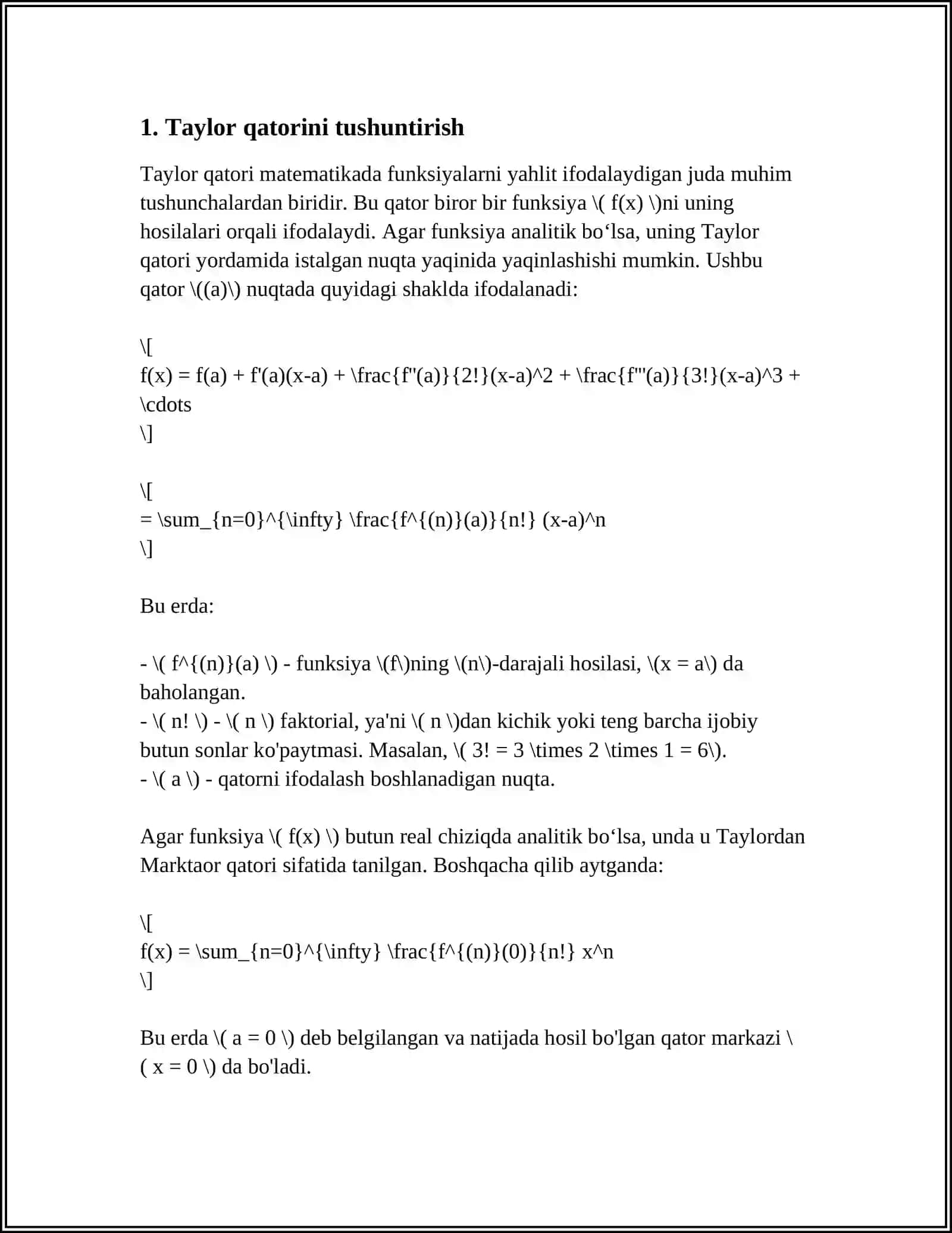 HOSILANING BAZI TATBIQLARI. TEYLOR FORMULASI. LOPITAL QOIDASI 4
