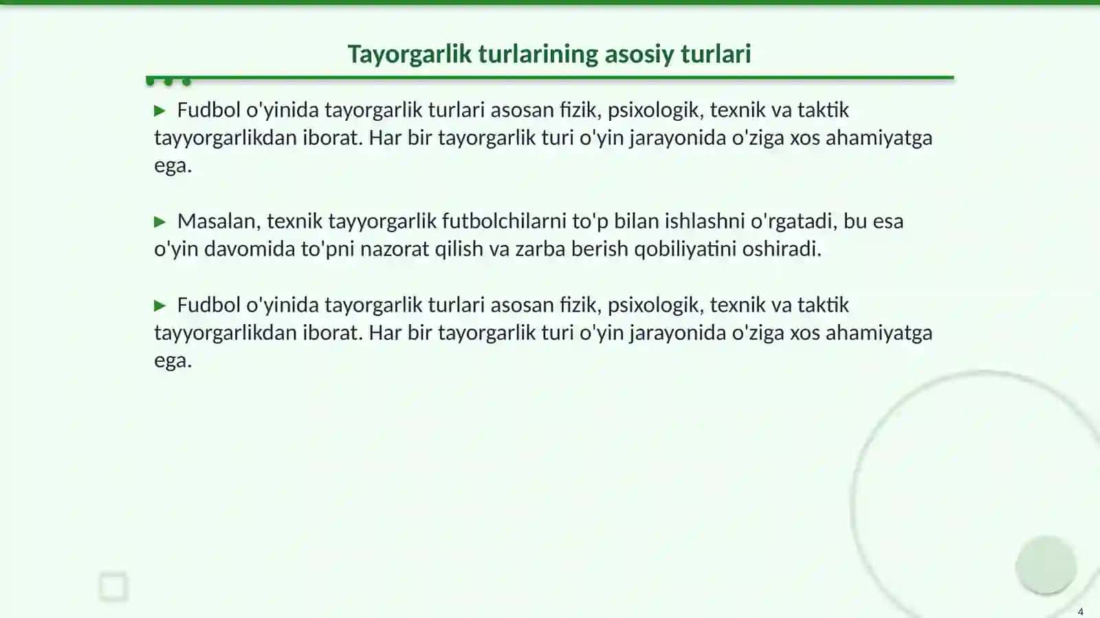 Fudbol òyinida tayorgarlik turlaringing òrni va ahamiyati 4
