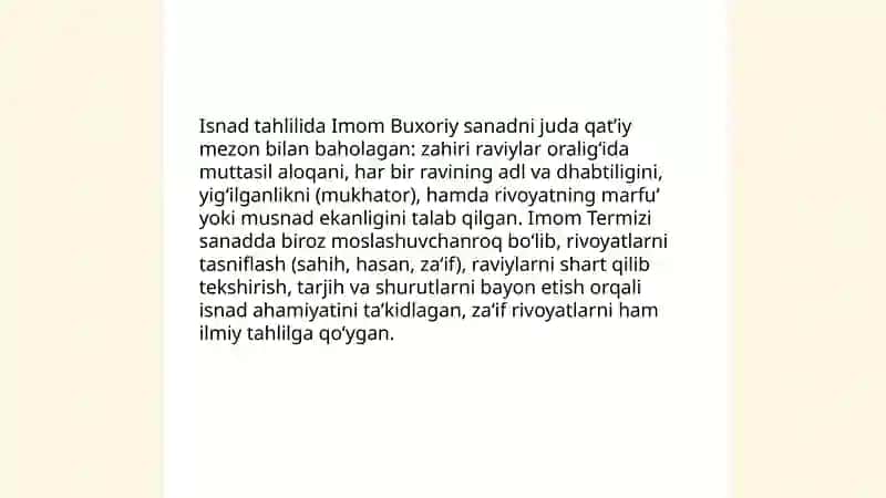 Imom Buxoriy va Imom Termiziyning hadis ilmiga qo'shgan hissalarini qiyosiy tahlil 4