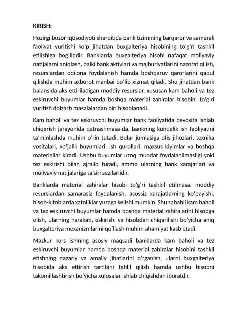 Banklarda kam baholi va tez eskiruvchi buyumlar hamda boshqa material zahiralar hisobi 4