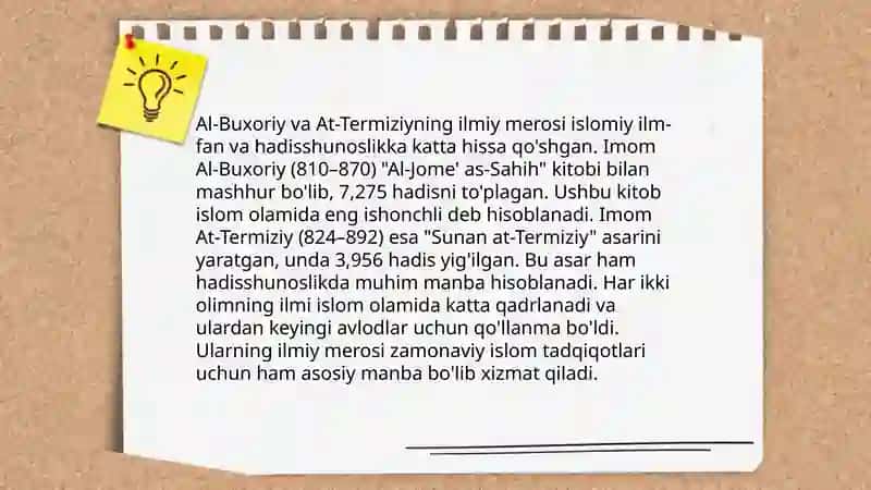 Imom Al-Buhoriy va Termiziyning xadis va dinga qo'shgan xissalari 4