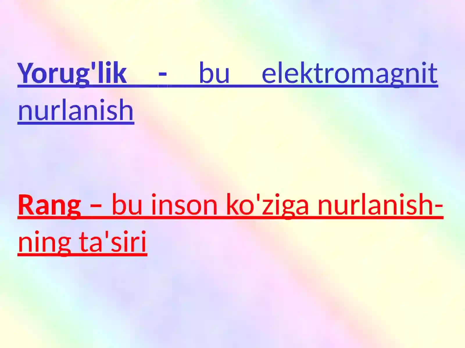 RANG MODELLARI: ADDITIV, SUBTRAKTIV, PERTSEPTSION (RGB, CMY, CMYK, HSV).  BIR MODELDAN BOSHQA MODELLARGA O`TKAZISH ALGORITMLARI 4