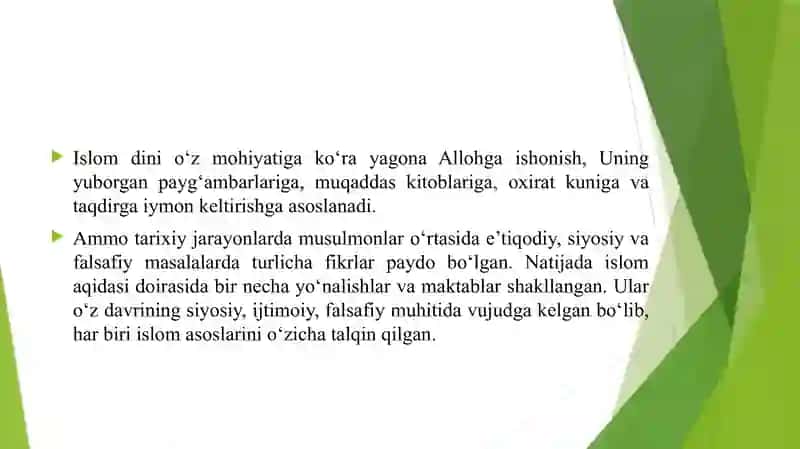 ISLOM DINIDAGI AQIDAVIY YO'NALISHLAR VA MAKTABLAR 4