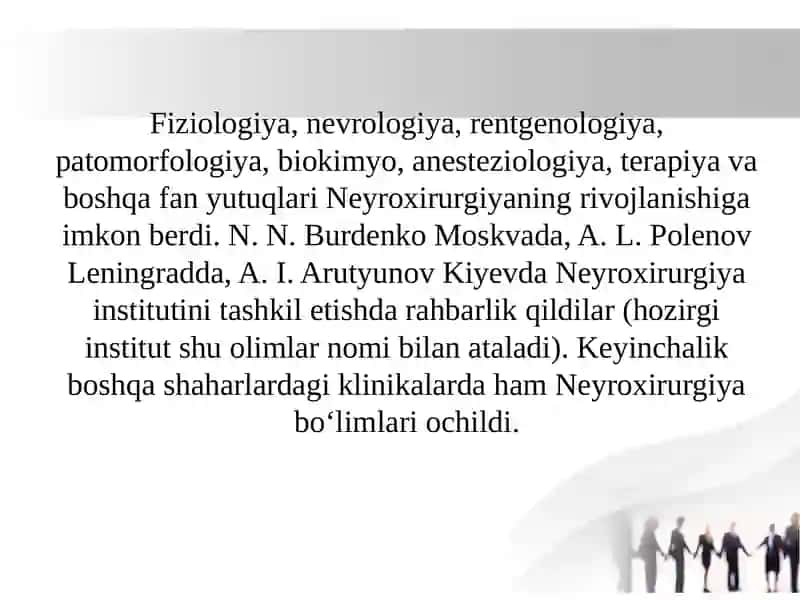 Neyroxirurgiyada qo’lga kiritilgan yutuqlar. Kraniotomiya va kranioplastika. Minimal invaziv kraniotomiya. So’rg’ichsimon o’siq trepanatsiyasi. Neyronavigatsion jarrohlik. 4