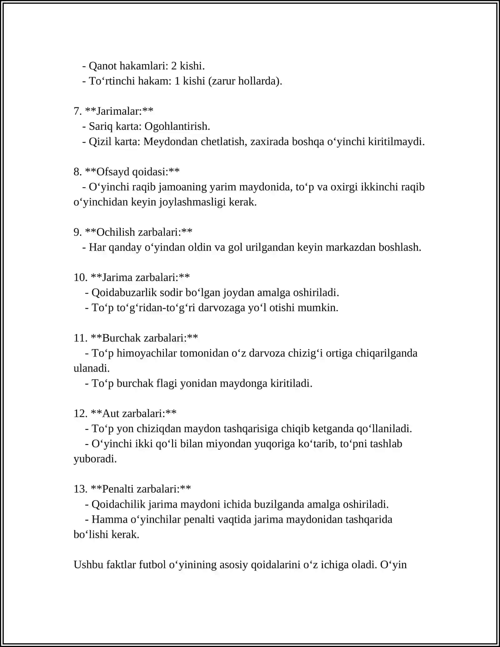O'ZBEKISTON RESPUBLIKASI OLIY TA’LIM FAN VA INNOVATSIYA VAZIRLIGI TDIU MUSTAQIL ISH - SPORT OʻYINLARI FUTBOL OʻYIN QOIDALARI 4