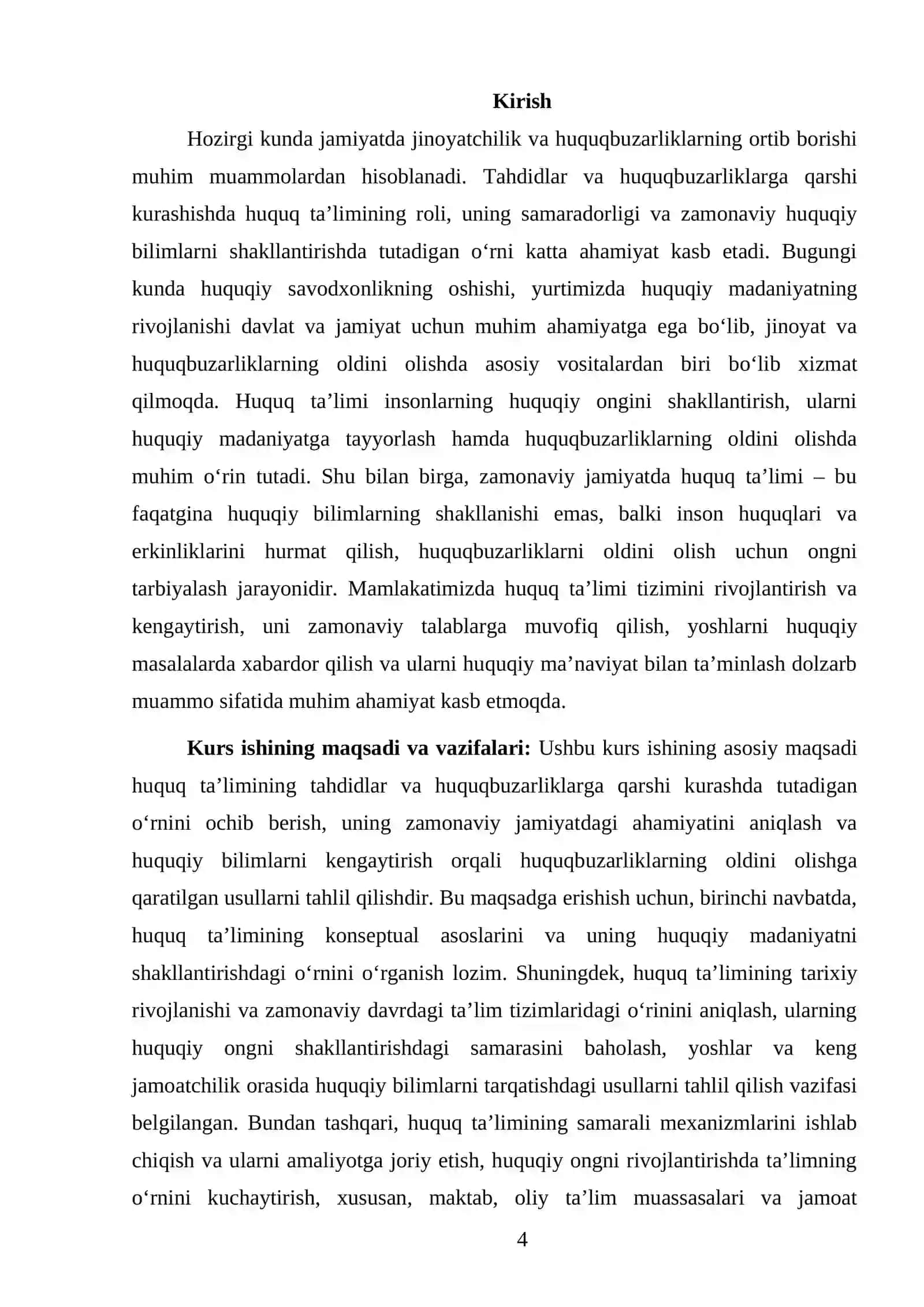 TARBIYA VA HUQUQ FANLARINI OʻQITISH METODIKASI FANIDAN TAYYORLAGAN KURS ISHI 4
