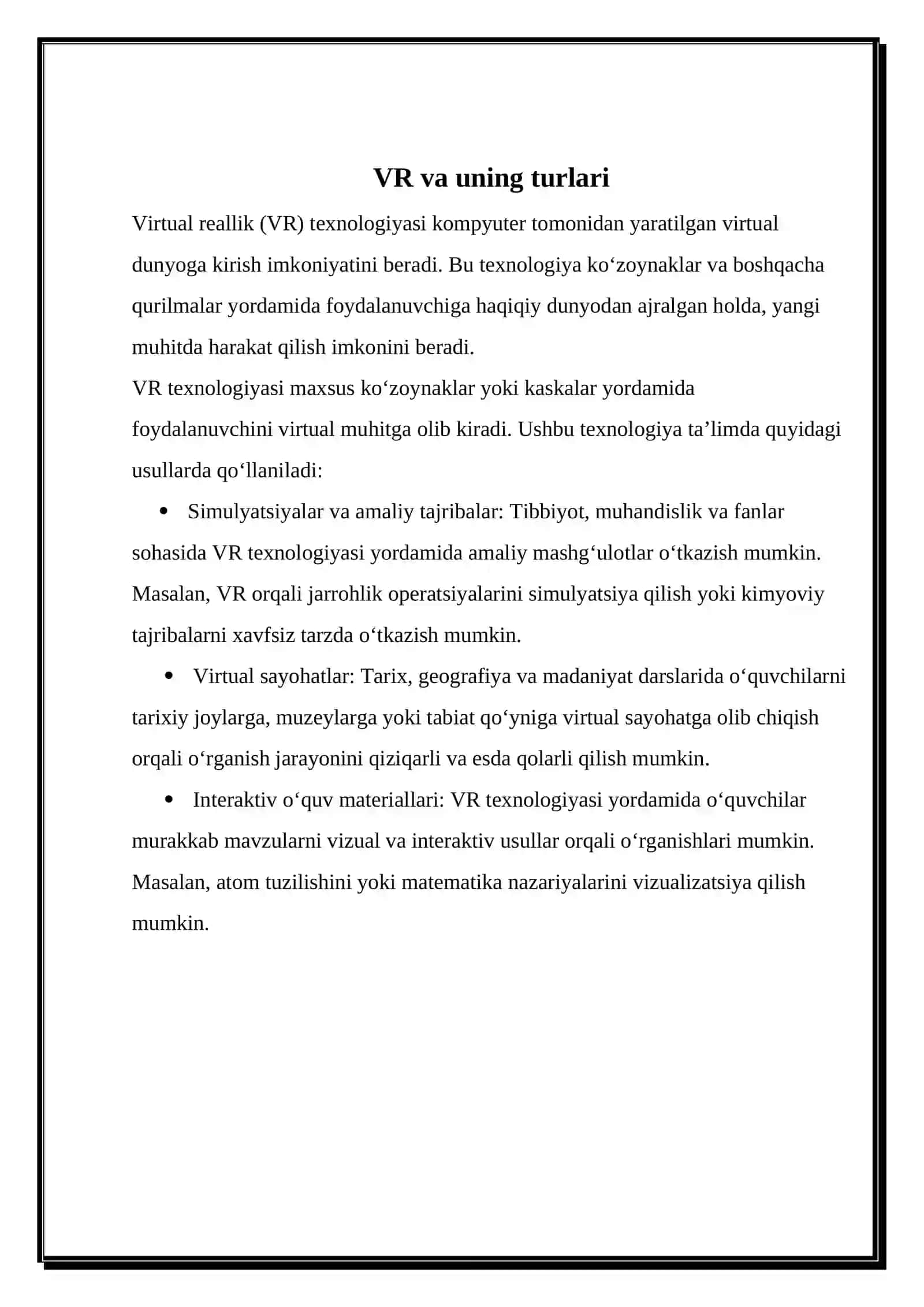 Virtual reallik (VR) texnologiyalari va ta'lim jarayonida qo'llanilishi. 4