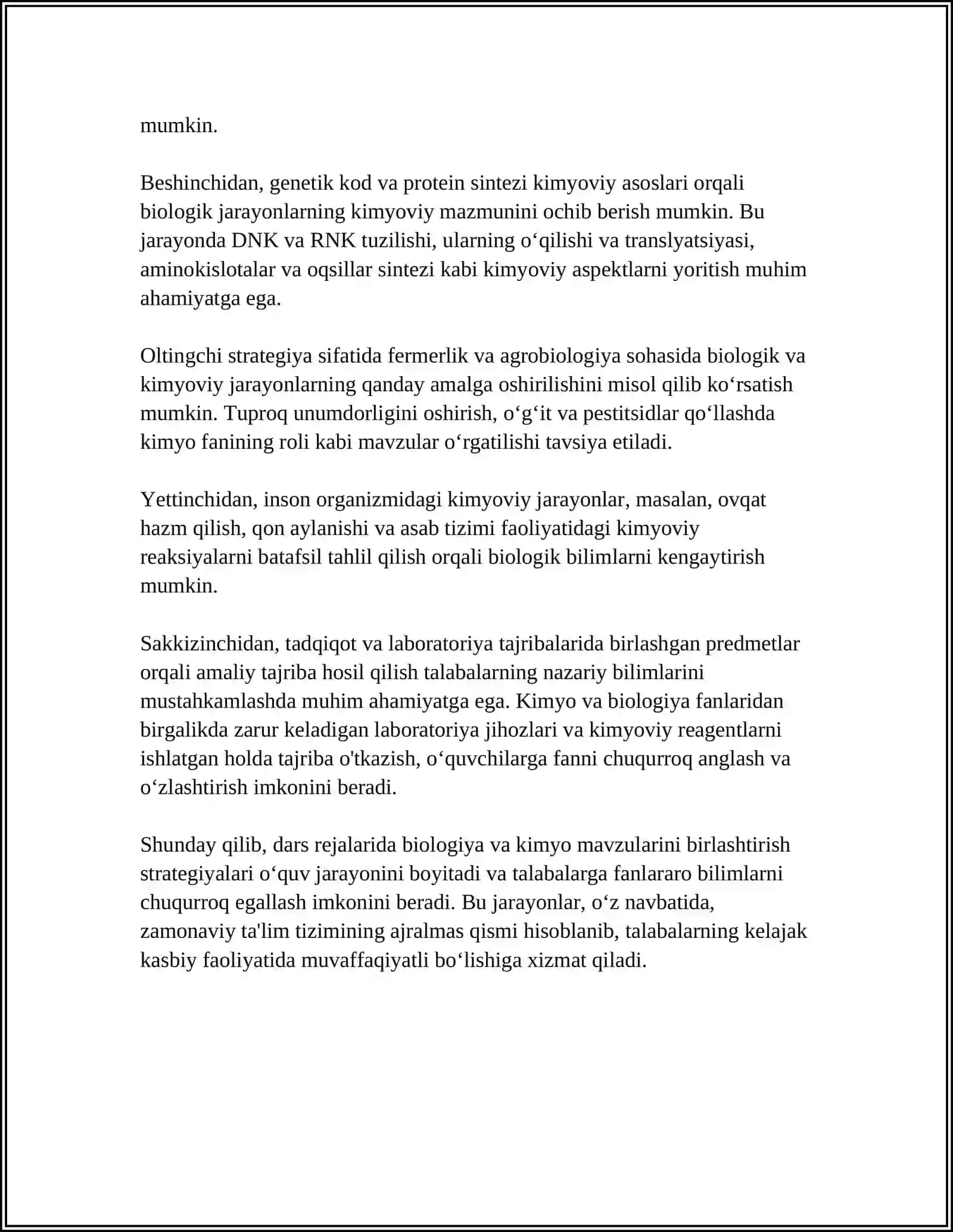 BIOLOGIYANI OʻQITISHDA KIMYO FANI BILAN FANLARARO BOGʻLANISHNI AMALGA OSHIRISH YOʻLLARI 4