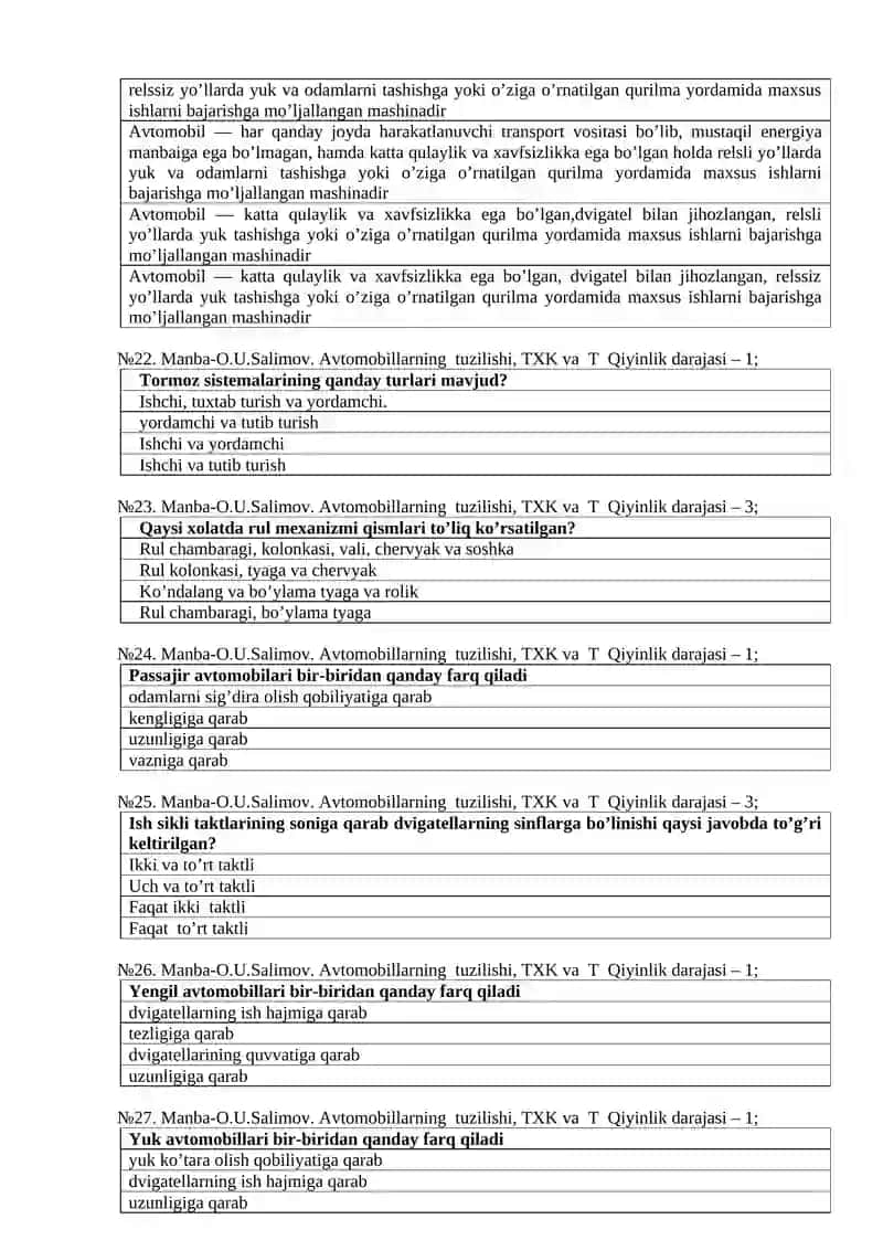 Avtomobil tuzilishi fanidan atesttatsiyaga tayyorgarlik ko'rish uchun test 150talik   2026 4