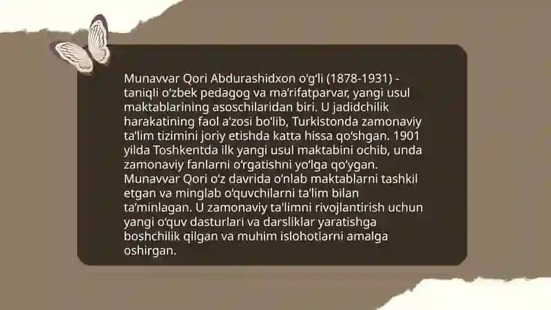 Jadid ma'rifatparvarlarining o'lka ijtimoiy-ma'naviy hayotda tutgan òrni(Munavvar Qori, Fitrat, Behbudiy, Avloniy va boshqalar) 4