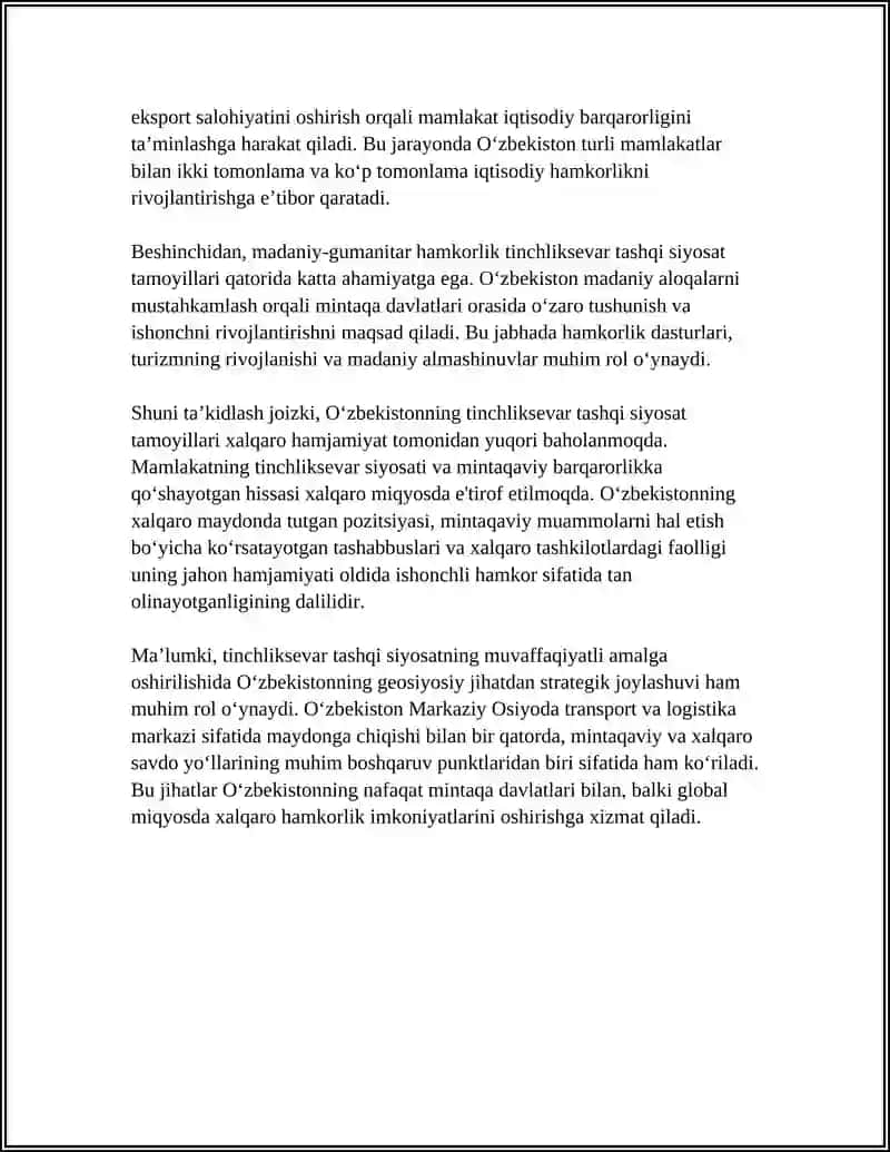 O‘ZBEKISTONNING TINCHLIKSEVAR TASHQI SIYOSATI VA UNING JAHON HAMJAMIYATI TOMONIDAN TAN OLINISHI 4