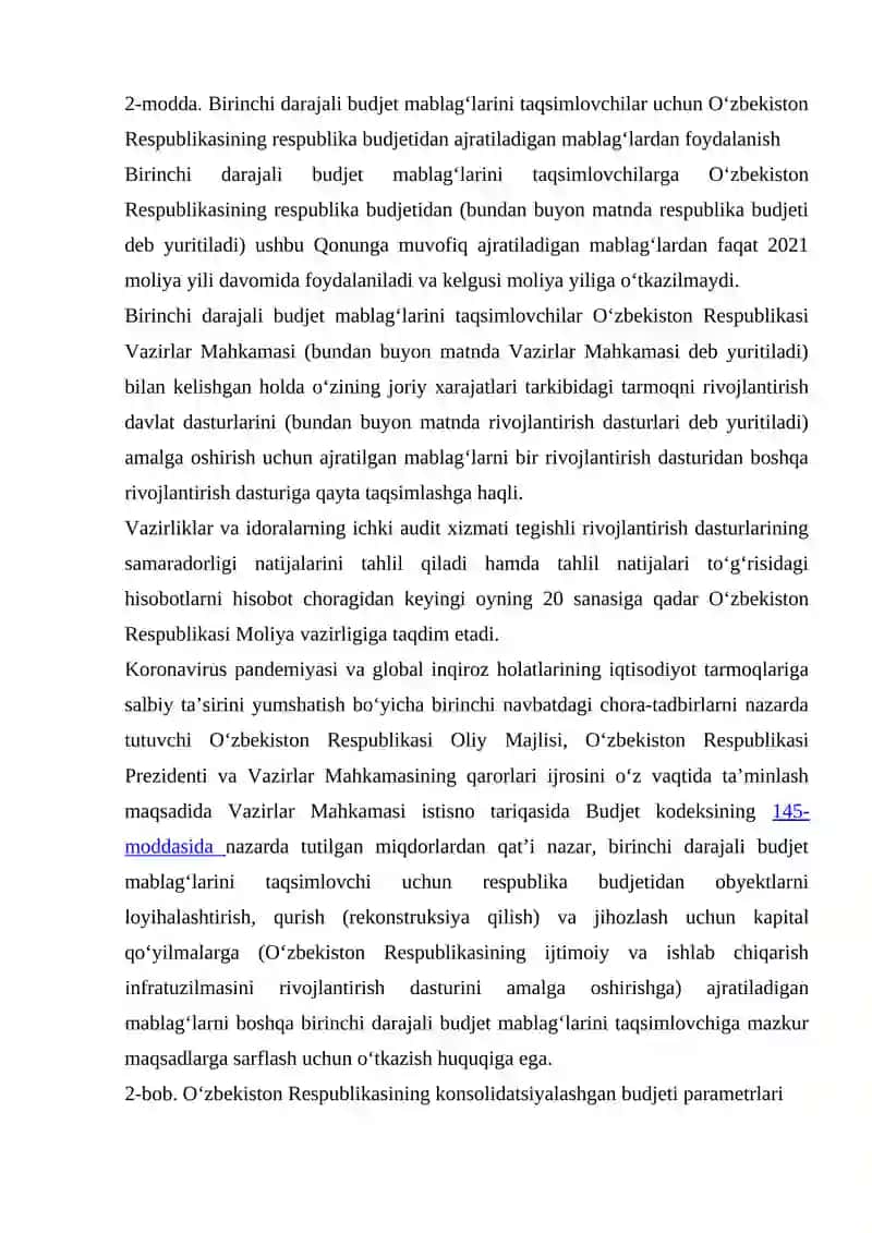 OʻZBEKISTON RESPUBLIKASINING 2021 YILDAGI ASOSIY MAKROIQTISODIY KOʻRSATKICHLARI PROGNOZI VA DAVLAT BYUDJETI PARAMETRLARI TOʻG’RISIDAGI QARORI IJROSI 4