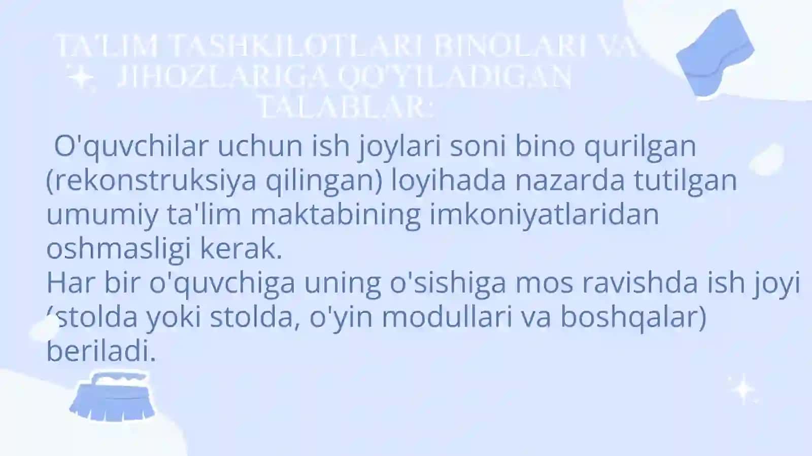 MAKTABLARNI JIXOZLASHGA VA O'QUV QUROLLARIGA BO'LGAN GIGIYENIK TALABLAR.MAKTABDA O'QITISH VA TARBIYALASH SHAROITLARINI  OPTIMALLASHTIRISH  ASOSLAR 4