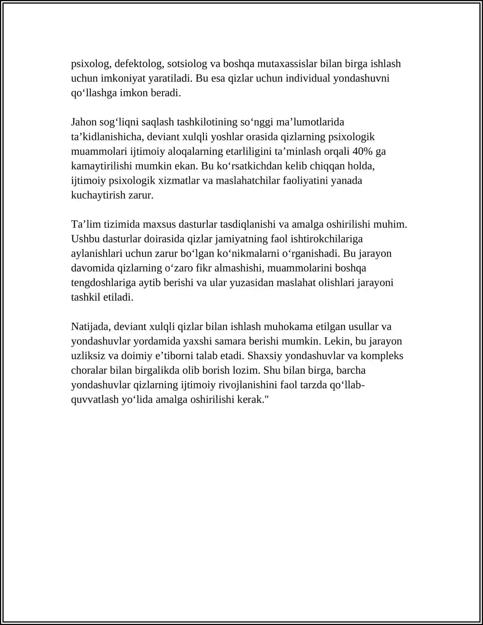 DEVIANT XULQ ATVORLI QIZLARGA PSIXOLOGIK XIZMAT KO'RSATISH 4