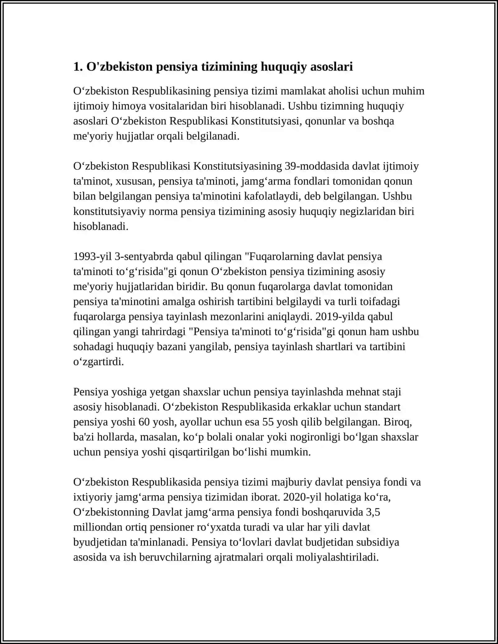 O'ZBEKISTON RESPUBLIKASIDA PENSIYA TIZIMI (HUQUQIY ASOSLARI VA RIVOJLANISH TARIXI ISLOHATLAR VA ISTIQBOLLAR) 4